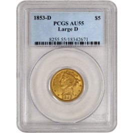 1853 D Large D $5 Liberty Head Half Eagle Gold PCGS AU55 About Uncirculated Coin