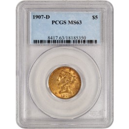 1907 D $5 Liberty Head Half Eagle Gold PCGS MS63 Brilliant Uncirculated Coin