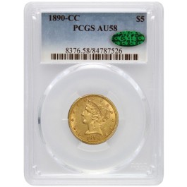 1890 CC $5 Liberty Head Half Eagle Gold PCGS AU58 CAC