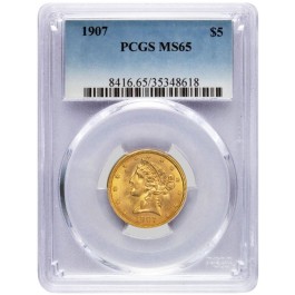 1907 $5 Liberty Head Half Eagle Gold PCGS MS65 Gem Uncirculated Coin