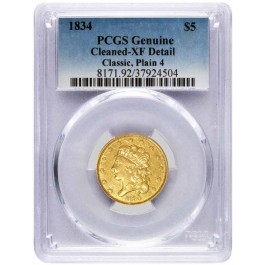 1834 Plain 4 $5 Classic Head Half Eagle Gold PCGS XF Detail Cleaned Coin