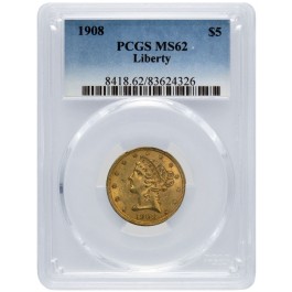 1908 $5 Liberty Head Half Eagle Gold PCGS MS62 Uncirculated Mint State Coin