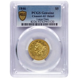 1846 Large Date $5 Liberty Head Half Eagle Gold PCGS Secure AU Details Cleaned