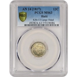 1817 AN14 12C Republic Of Haiti 12 Centimes Silver KM-13 Large Head PCGS MS63