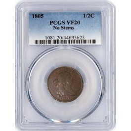 1805 1/2C Draped Bust Half Cent Cohen 1 C-1 No Stems PCGS VF20 Very Fine Coin