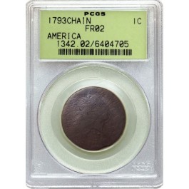 1793 1C Flowing Hair Chain Reverse America Large Cent PCGS FR02 Gen 2.2 OGH 
