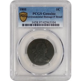 1801 1C Draped Bust Large Cent PCGS Secure Fine Detail Environmental Damage Coin