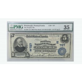 Series of 1902 Plain Back $5 National Bank Note Pittsburgh Fr#598 PMG CH VF35