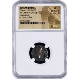 Roman Empire Tiberius 14-37 AD AR Denarius Lugdunum NGC VF