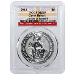 2018 £5 Great Britain Queen's Beast Unicorn Of Scotland 2 oz Silver PCGS MS69