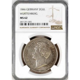 1846 German States Wurttemberg 2 Gulden Silver Wilhelm I NGC MS62 Coin #005