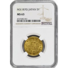 1870 5Y Japan Meiji Year 3 Gold 5 Yen NGC MS63
