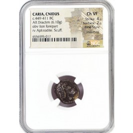 c. 449-411 BC Caria Cnidus Knidos Aphrodite & Lion AR Drachm Silver NGC Ch VF