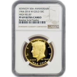 2014 W 50C Proof High Relief JFK Kennedy 50th Anniversary 3/4 oz Gold PF69 UC