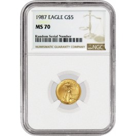 1987 $5 1/10 oz American Gold Eagle NGC MS70 Gem Uncirculated Coin