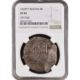 1669 P E Bolivia Charles II 8 Reales Silver Cob NGC XF45 Extremely Fine Coin