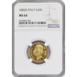 1882 R G20L 20 Lire Italy Umberto I Gold .1867 oz NGC MS64