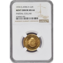 1974 G2R South African 2 Rand Gold NGC MS66 Mint Error Partial Collar Strike