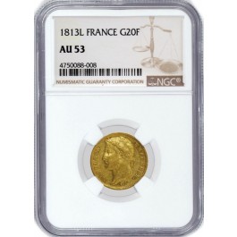 1813 L G20F 20 Francs Gold Bayonne Mint France Napoleon I Emperor NGC AU53