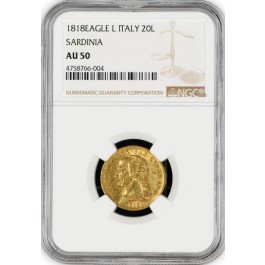 1818 Eagle L 20 Lire Gold Sardinia Italian States Vittorio Emanuele I NGC AU50