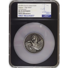 2018 Pobjoy Mint $20 BVI Pegasus Antiqued 2 oz 999 Fine Silver NGC MS70 FR Retro