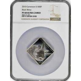 2010 1500 Francs Cameroon Proof Black Rhinoceros 2 oz Ruthenium Silver PF68 UC