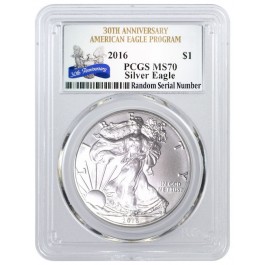 2016 $1 Silver American Eagle PCGS MS70 30th Anniversary Label