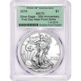 2016 1oz Silver American Eagle $1 PCGS MS70 30th Anniversary First Day West Point