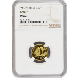 1987 Y 10 Yuan Peoples Republic Of China 1/10 oz 999 Chinese Gold Panda NGC MS68