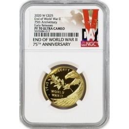 2020 W $25 End Of WWII 75th Anniversary Proof 24K Gold Medal NGC PF70 UC ER
