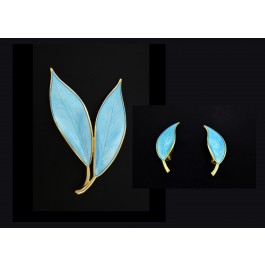 David Andersen Norway Sterling Silver Blue Enamel Leaf Brooch & Clip On Earrings