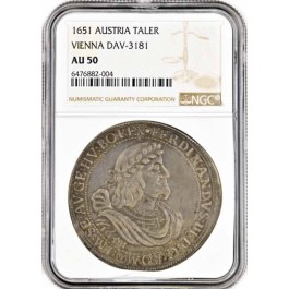 1651 Austria Vienna Mint Ferdinand III Taler Silver DAV-3181 NGC AU50 Coin