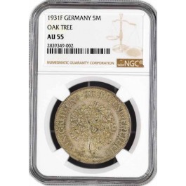 1931 F 5 Mark Silver Germany Weimar Republic Oak Tree NGC AU55 Coin