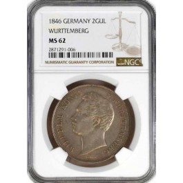 1846 German States Wurttemberg 2 Gulden Silver Wilhelm I NGC MS62 Coin #006