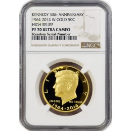 2014 W 50C Proof High Relief JFK Kennedy 50th Anniversary 3/4 oz Gold PF70 UC