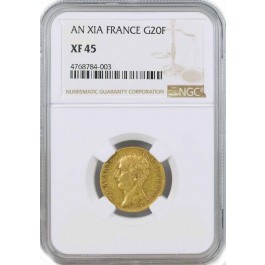 1811 AN XI-A 20 Francs Gold Paris Mint France Napoleon I Premier Consul NGC XF45