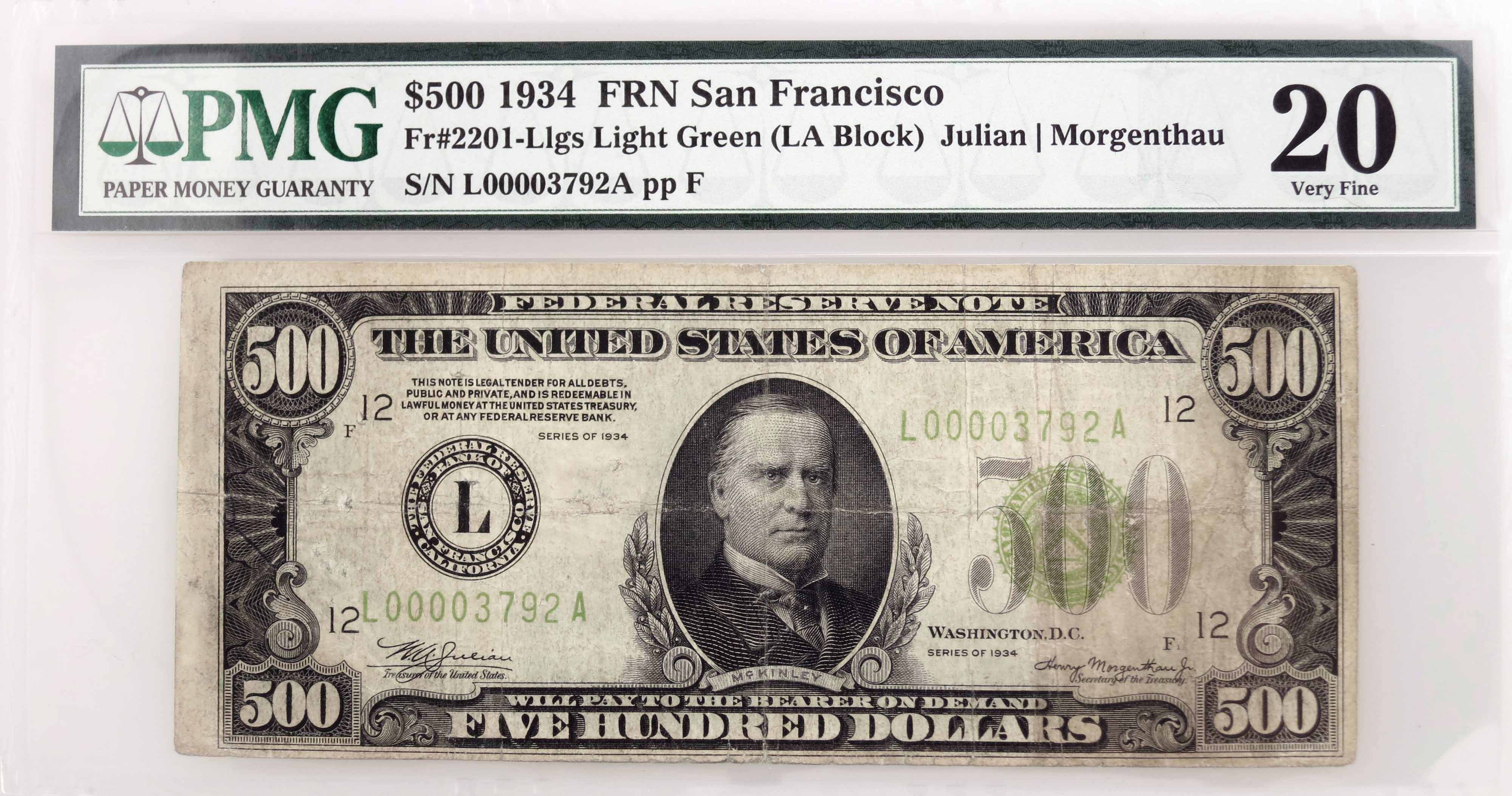 Series Of 1934 $500 Bill FRN San Francisco Fr#2201-Llgs LA Block PMG ...