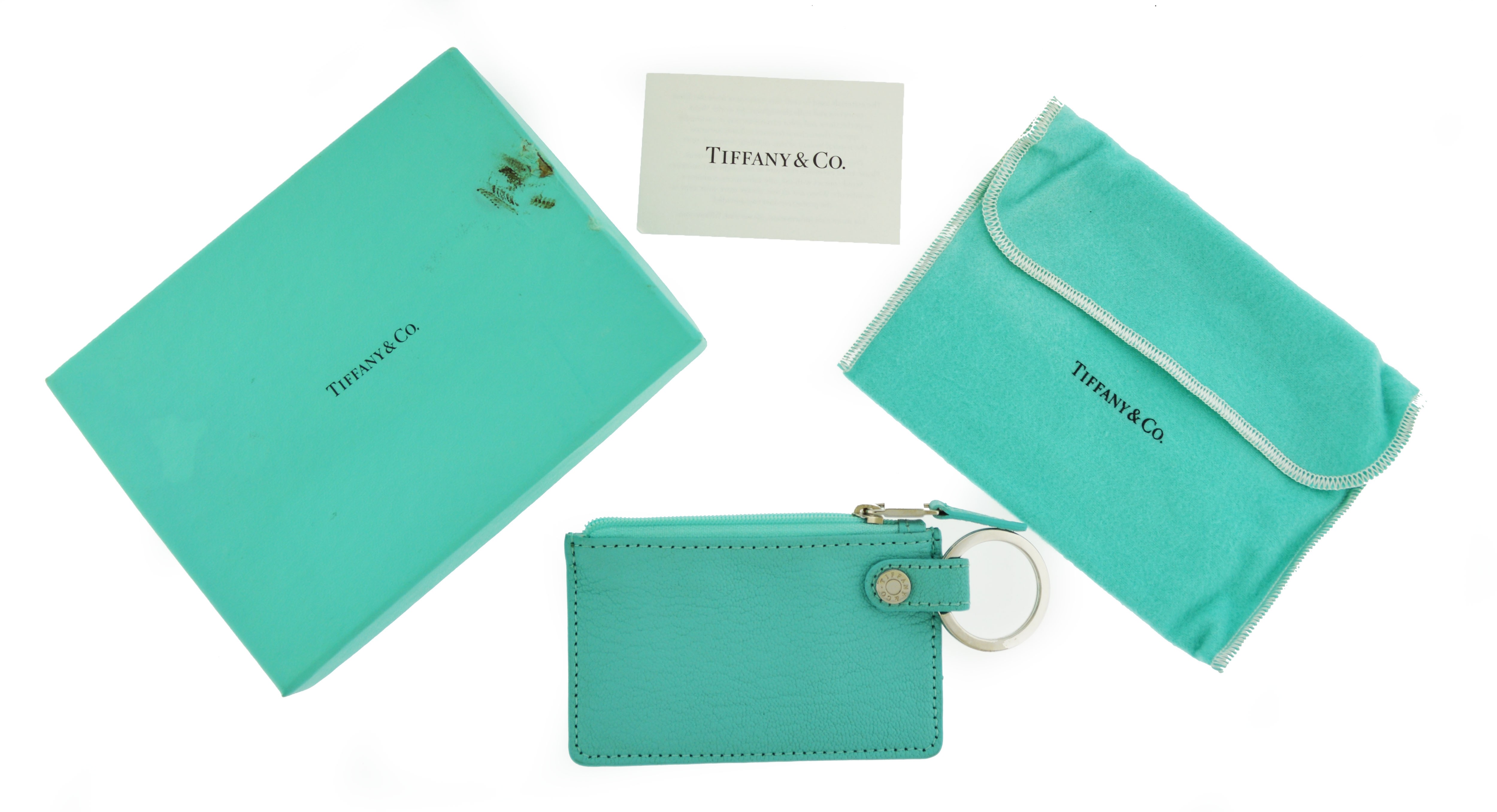 Tiffany Co Blue Leather Silver Tone Zip Wallet Card Case W/ Key Ring