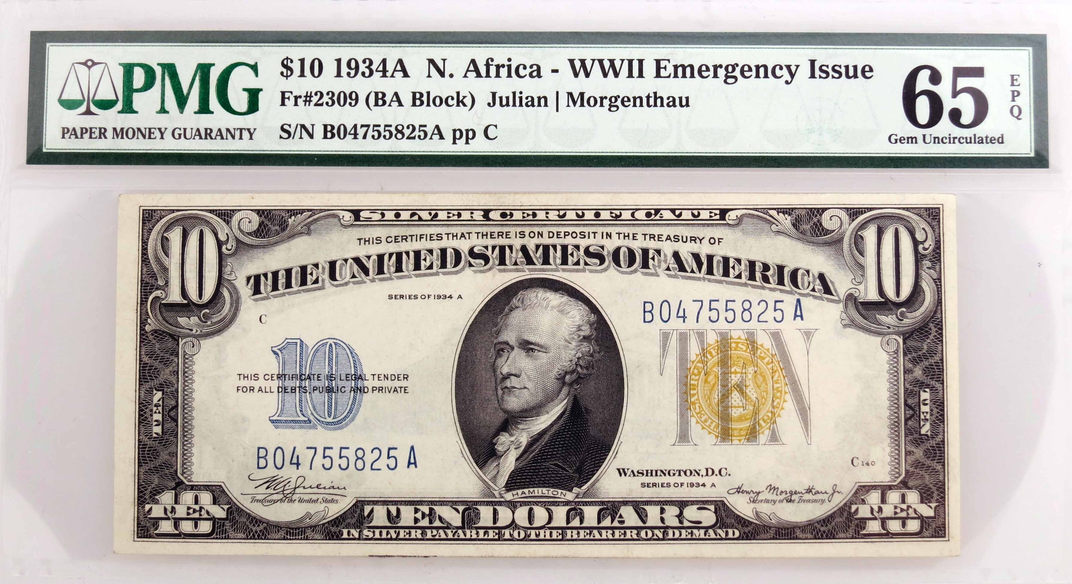 1934 A $10 North Africa Silver Certificate Fr#2309 BA Block PMG Gem UNC