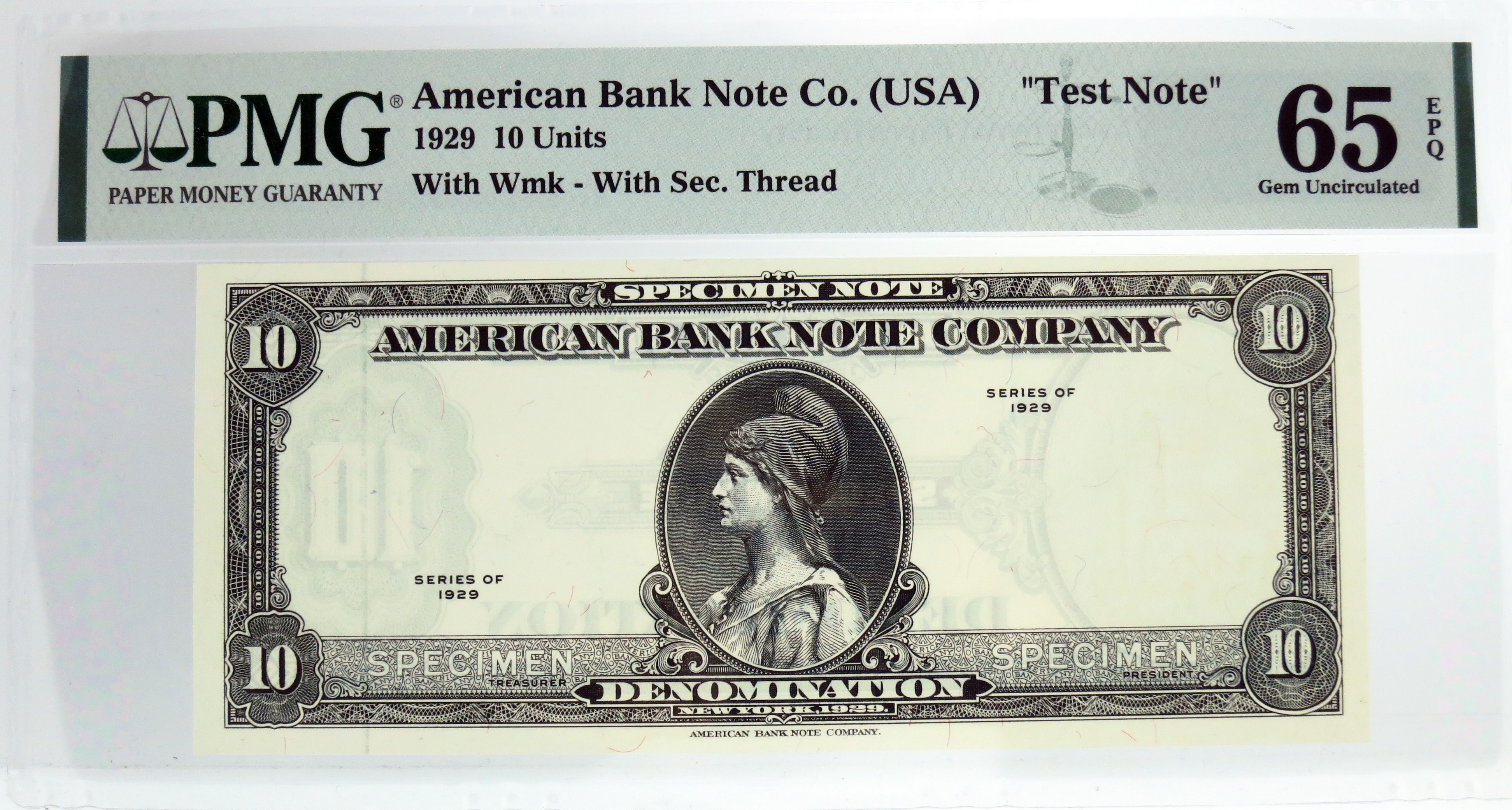 1929 10 Units American Bank Note Company Test Note With Wmk PMG Gem UNC
