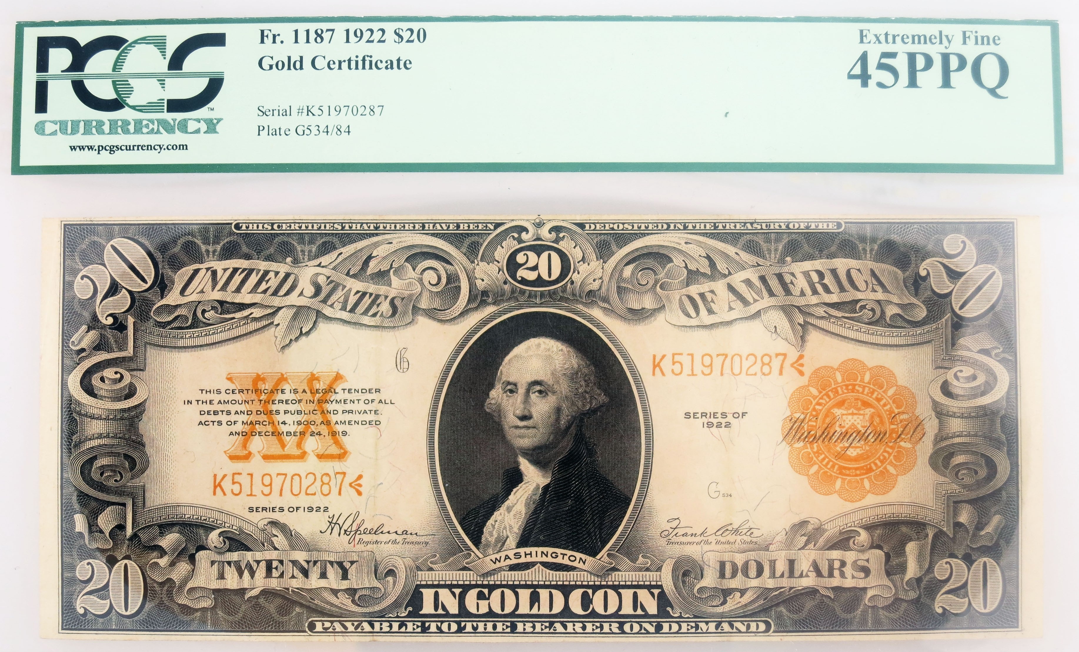 Series Of 1922 $20 Large Size Gold Certificate Note Fr#1187 PCGS XF45