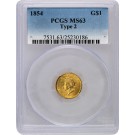 1854 $1 Indian Princess Head Type 2 Gold Dollar PCGS MS63 Brilliant Uncirculated