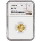 1988 $5 1/10 oz American Gold Eagle NGC MS70 Gem Uncirculated Coin 