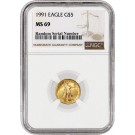 1991 $5 1/10 oz American Gold Eagle NGC MS69 Gem Uncirculated Coin