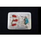 Vintage Navajo Charlene Yazzie 925 Sterling Silver Coral Turquoise Belt Buckle