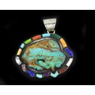 Raymond Gasper Zuni Sterling Silver Carved Buffalo Turquoise Multi Stone Pendant