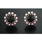 Vintage Signed Christian Lacroix Black Pink Rhinestone Faux Pearl Clip On Earrings