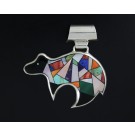 LB Native American Navajo 925 Sterling Silver Inlaid Multi Stone Bear Pendant