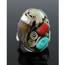 Harry Spencer Navajo Native American Sterling Silver Claw Coral Turquoise Ring