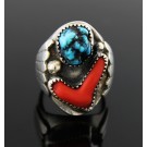 Old Pawn Navajo Native American Sterling Silver Coral Turquoise Ring Size 9.75